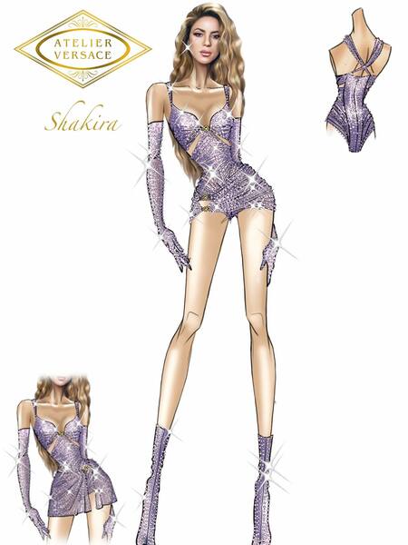 Tenue violette crée par Versace pour les titres Girl Like Me / Las de la Intuición / Estoy Aquí / Te Felicito / TQG / Don’t Bother

